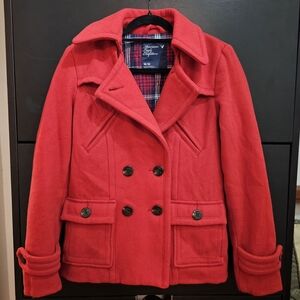 American Eagle Outfitters Wool Blend Double Breasted Peacoat Medium Red